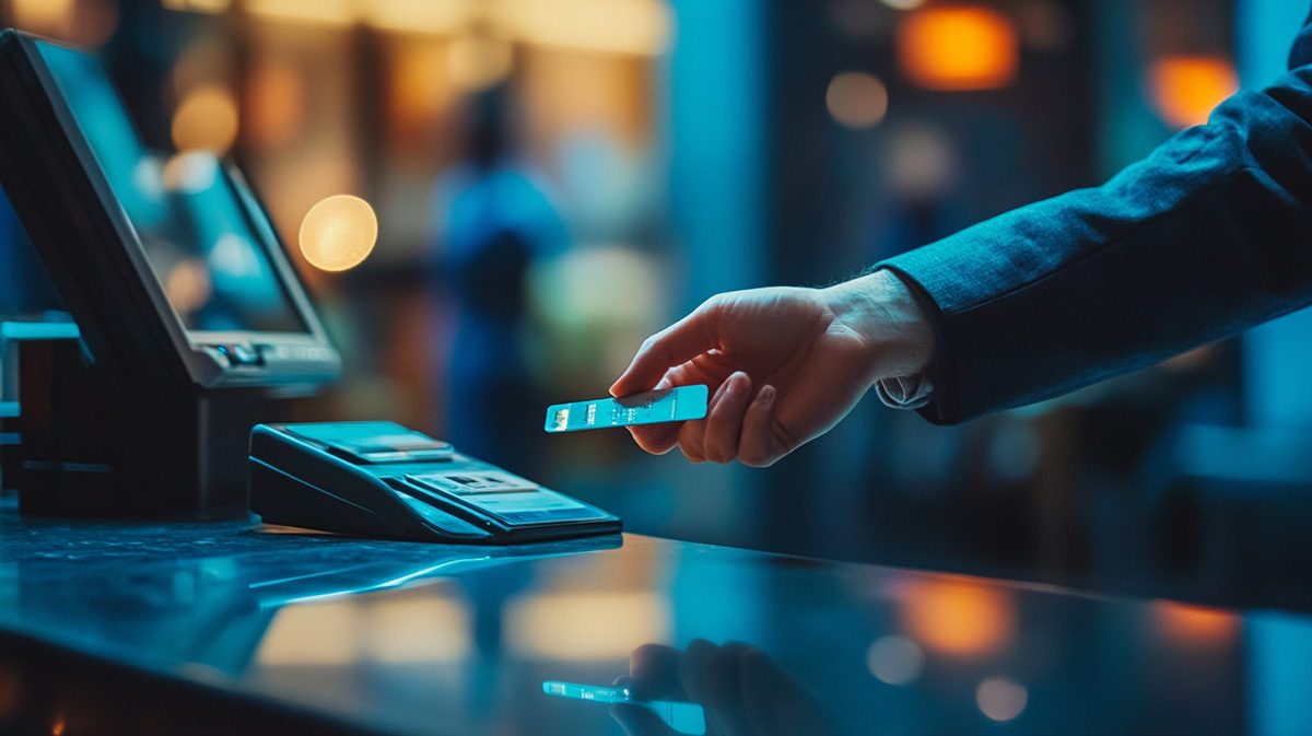 Hotel receptionist handing key cards to airline crew at a midnight check-in