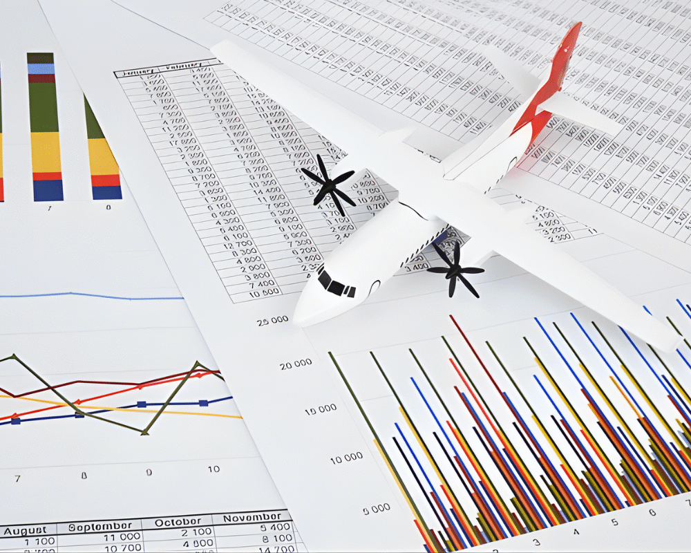 Aircraft over operational reports and performance charts, representing airline decision making under pressure during disruptions