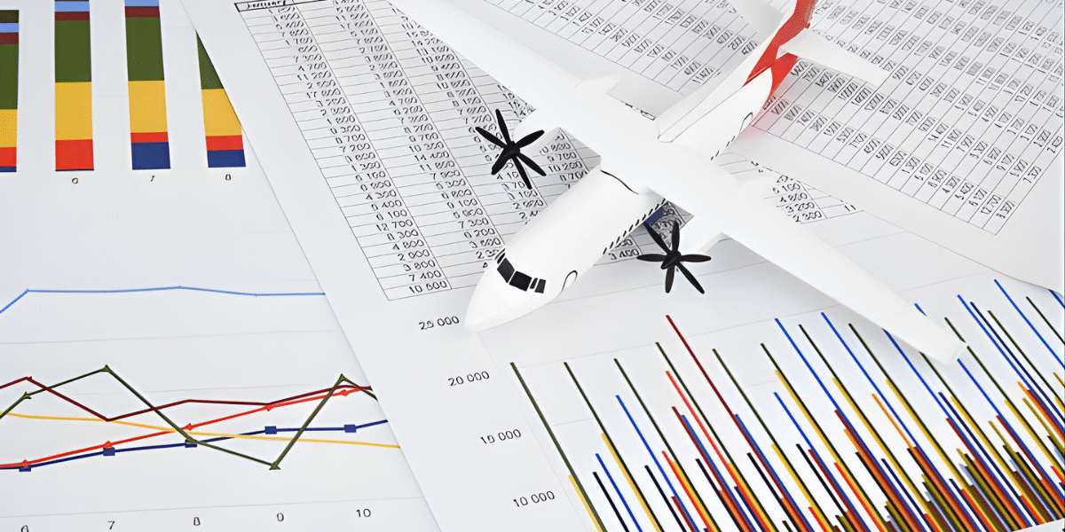 Aircraft over operational reports and performance charts, representing airline decision making under pressure during disruptions