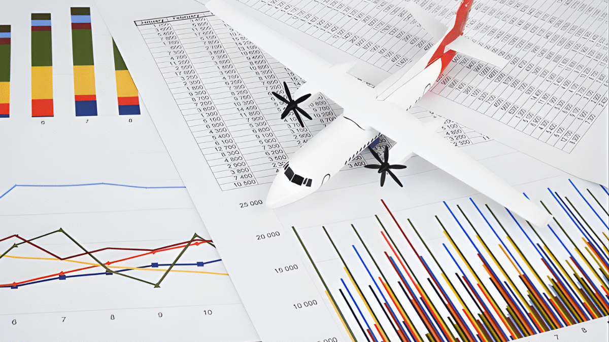 Aircraft over operational reports and performance charts, representing airline decision making under pressure during disruptions