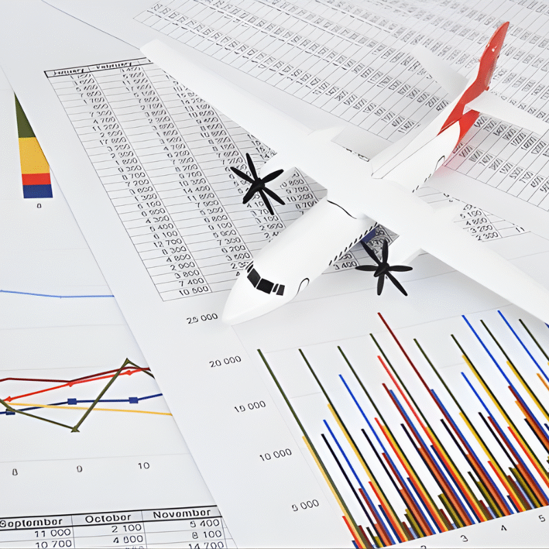 Aircraft over operational reports and performance charts, representing airline decision making under pressure during disruptions