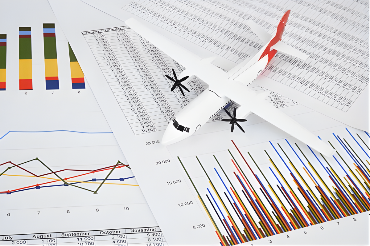 Aircraft over operational reports and performance charts, representing airline decision making under pressure during disruptions
