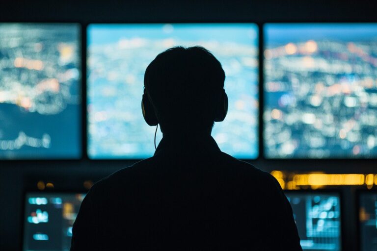 Operations manager in front of flight-tracking screens at night