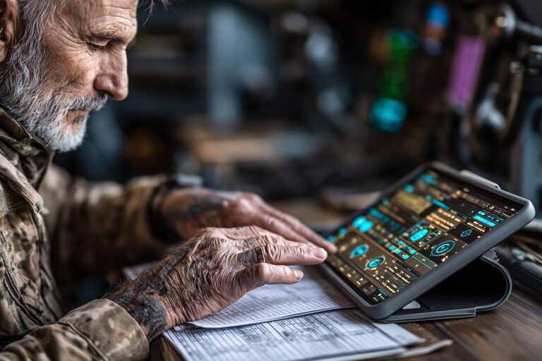 Veteran pilot hands over paper checklists next to a tablet with live flight data