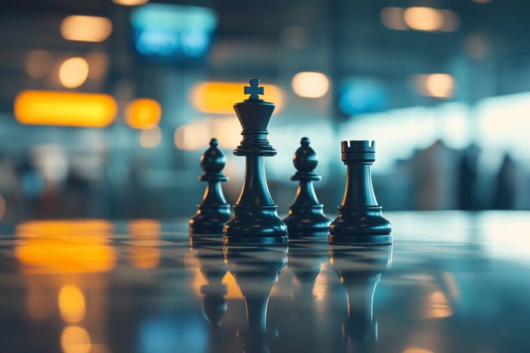 Chess pieces over a blurred airport background symbolising operational strategy